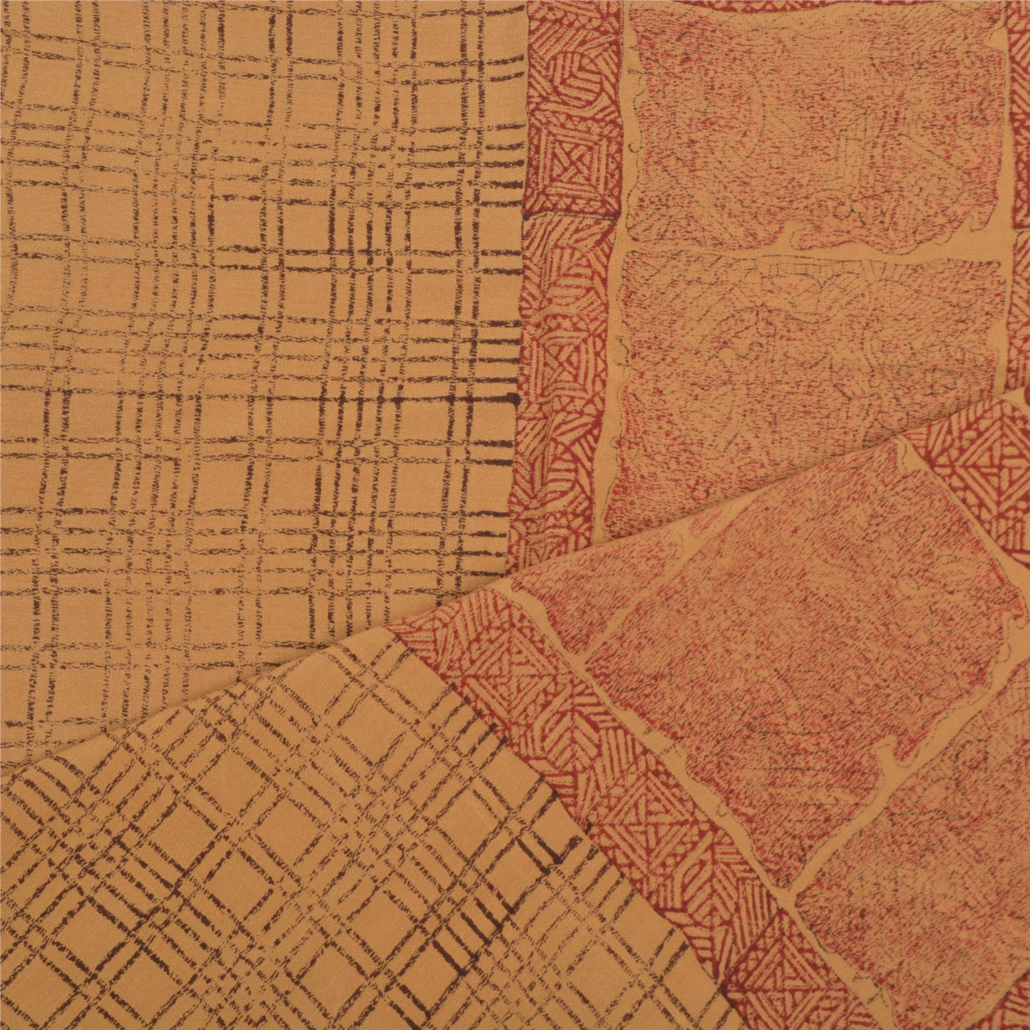 Sanskriti Vintage Dupatta Long Stole Pure Crepe Silk Brown Scarves Printed Veil