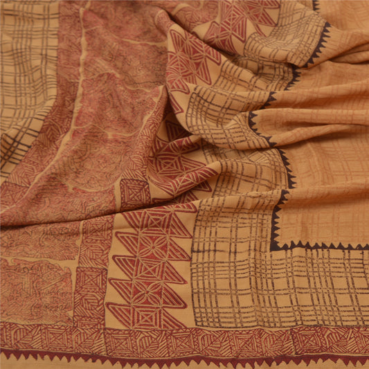 Sanskriti Vintage Dupatta Long Stole Pure Crepe Silk Brown Scarves Printed Veil