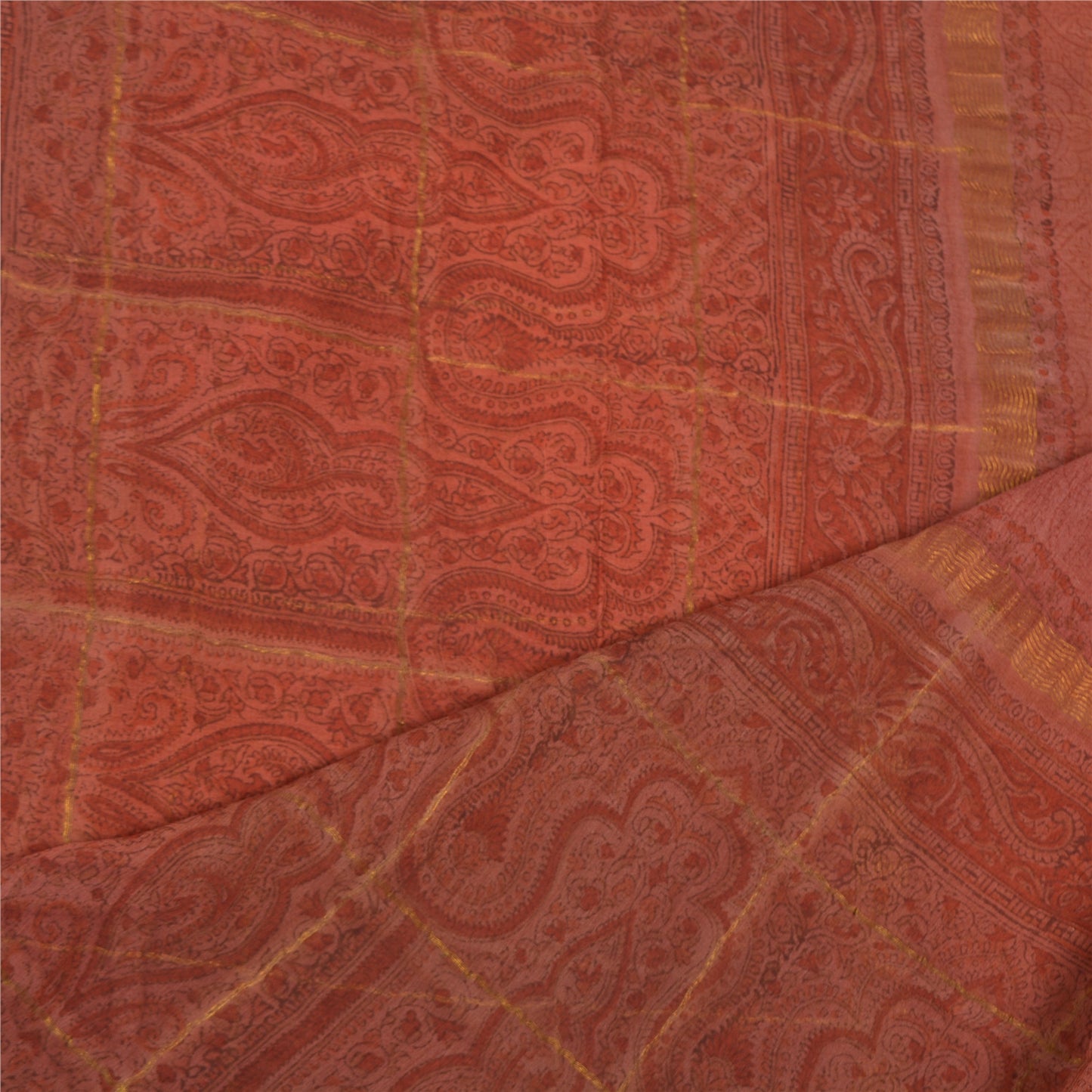 Sanskriti Vintage Dupatta Long Stole Chiffon Silk Brick Red Scarves Printed Veil