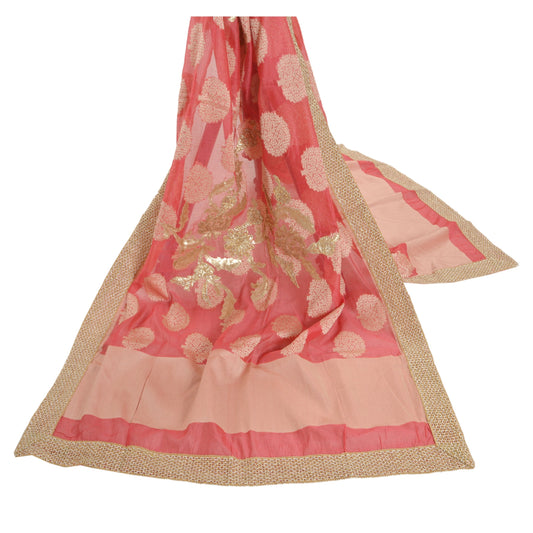 Sanskriti Vintage Dupatta Long Stole Art Silk Peach Embroidered Gota Work Veil