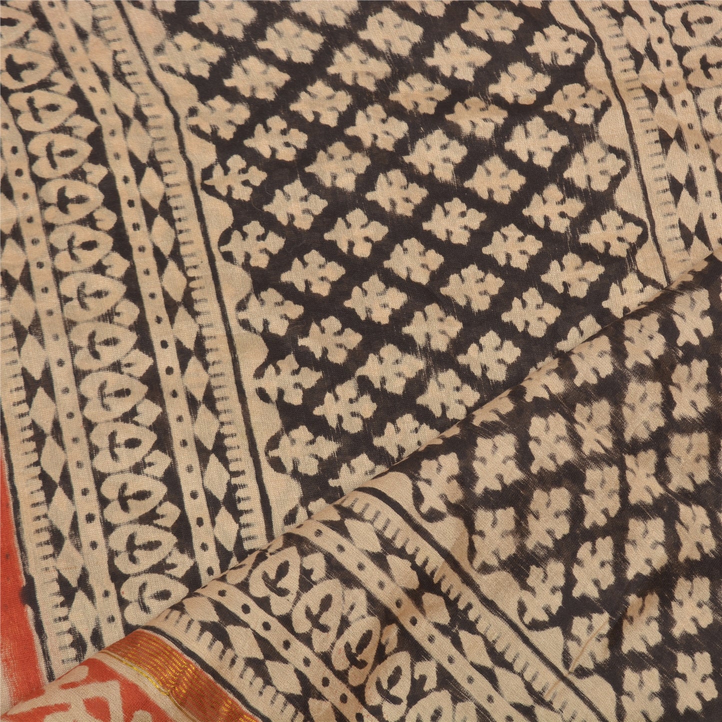 Sanskriti Vintage Dupatta Long Stole Chanderi Cream Block Printed Wrap Veil