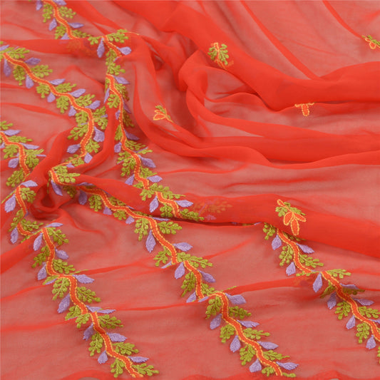 Sanskriti Vintage Dupatta Long Stole Georgette Red Hand Embroidered Chikankari