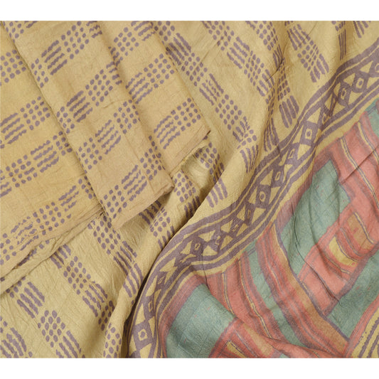Sanskriti Vintage Dupatta Long Stole Pure Silk Cream Veil Printed Wrap Hijab