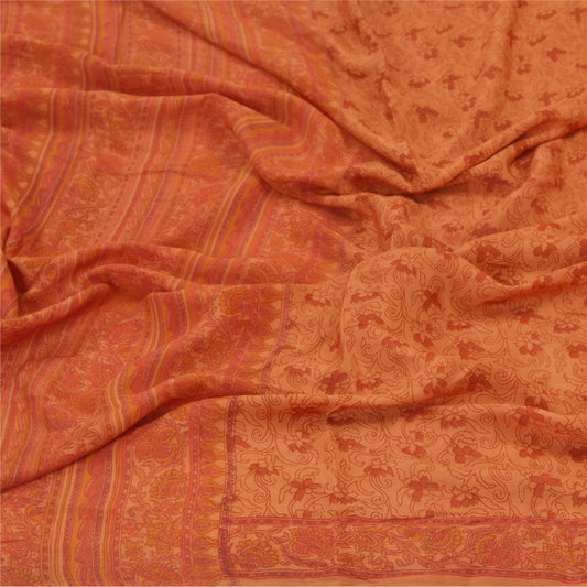 Sanskriti Vintage Dupatta Long Stole Crepe Silk Orange Printed Floral Scarves