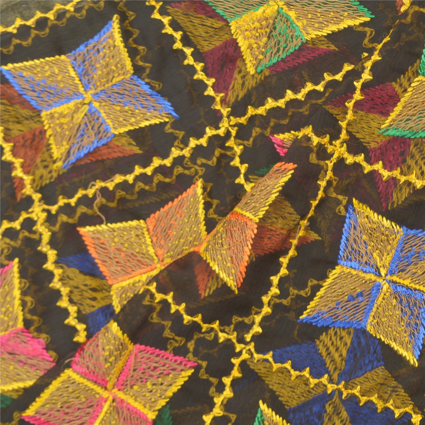 Sanskriti Vintage Dupatta Long Stole Chiffon Black Embroidered Bagh Phulkari