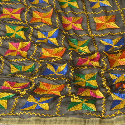 Sanskriti Vintage Dupatta Long Stole Chiffon Black Embroidered Bagh Phulkari