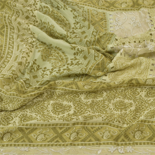 Sanskriti Vintage Dupatta Long Stole Green Crepe Printed Patchwork Scarves