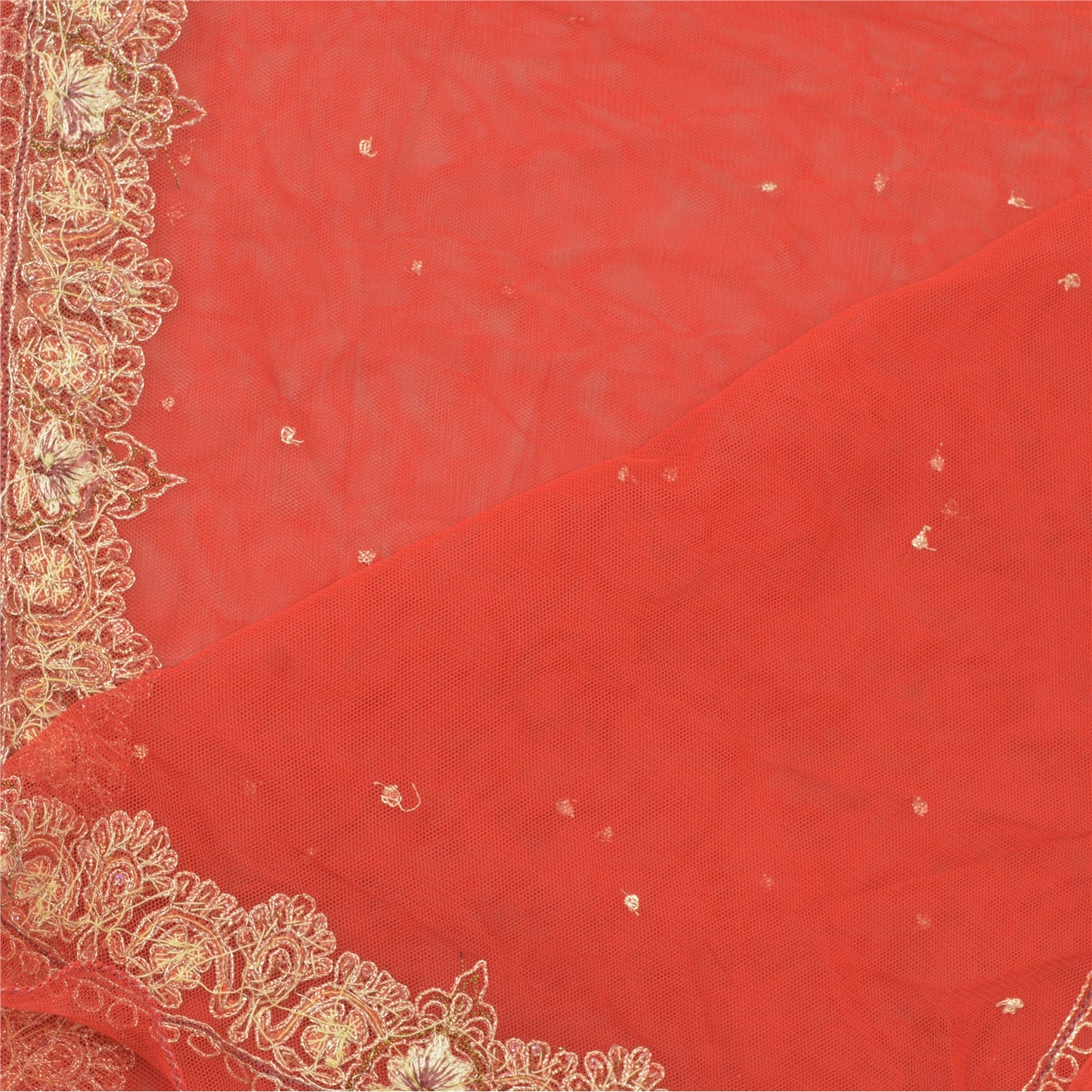 Sanskriti Vintage Dupatta Long Stole Net Mesh Red Veil Hand Beaded Scarves