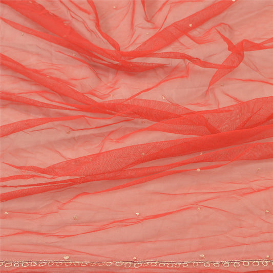 Sanskriti Vintage Dupatta Long Stole Net Mesh Red Veil Hand Beaded Scarves