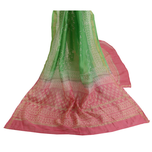 Sanskriti Vintage Dupatta Long Stole Chanderi Hijab Green Block Printed Scarves