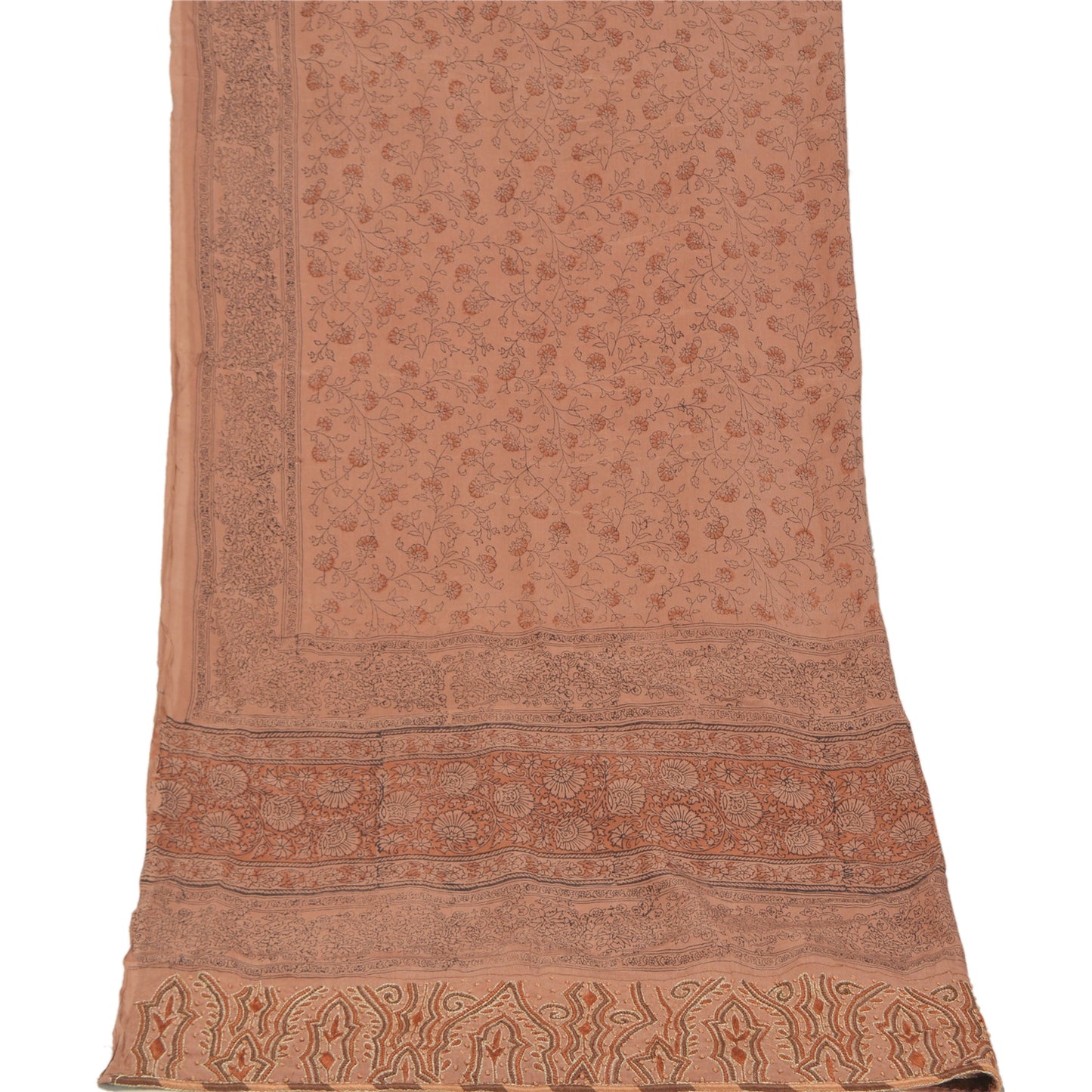 Sanskriti Vintage Dupatta Long Stole Pure Silk Brown Hand Embroidered Scarves