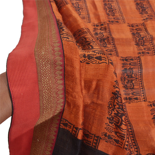 Sanskriti Vintage Dupatta Long Stole Art Silk Orange Warli Printed Human Shawl