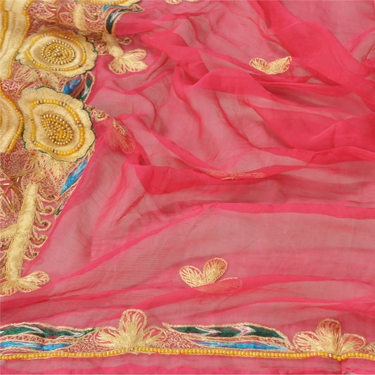 Sanskriti Vintage Dupatta Long Stole Pure Chiffon Silk Pink Hand Beaded Scarves