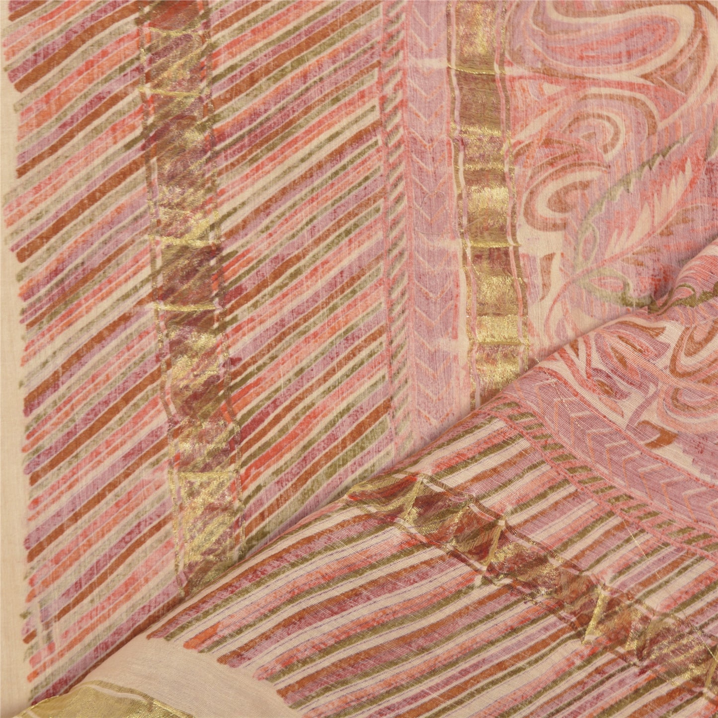 Sanskriti Vintage Dupatta Long Stole Chanderi Cream Printed Wrap Scarves