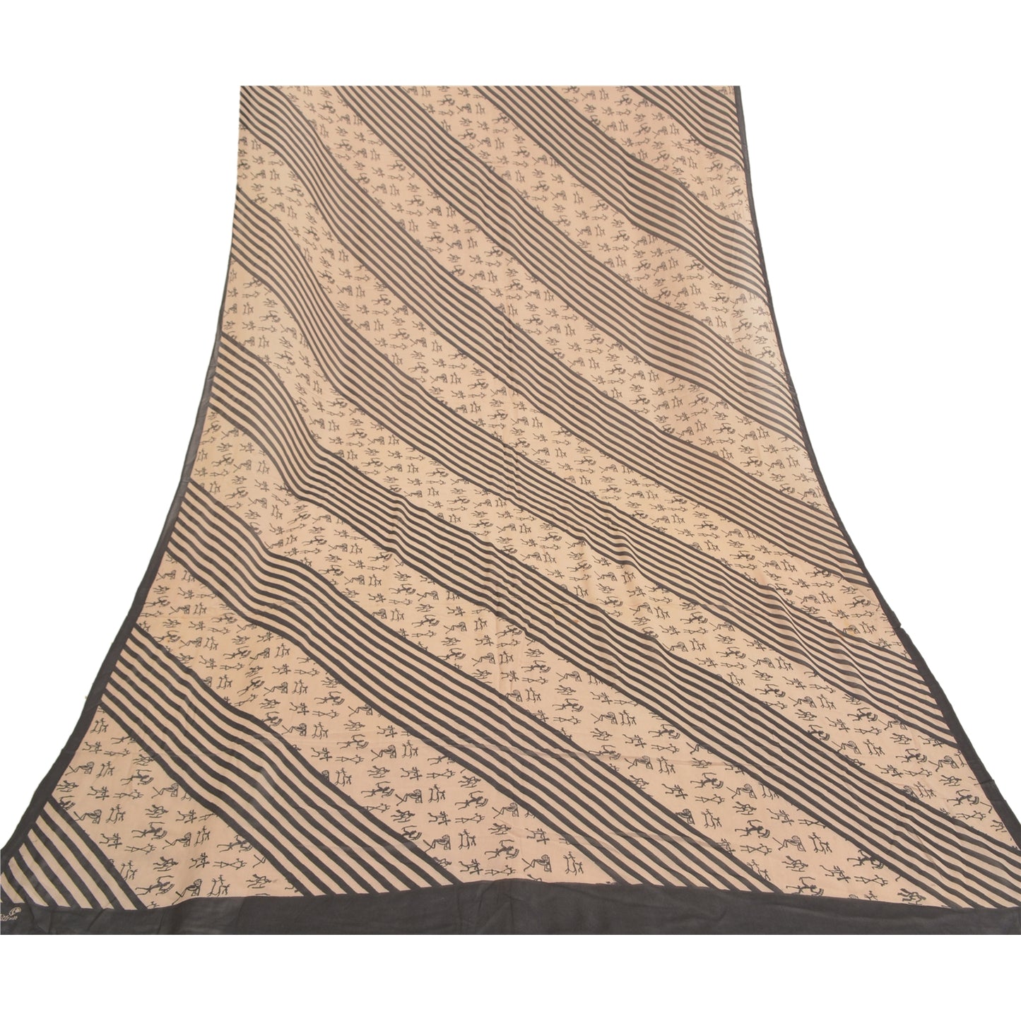 Sanskriti Vintage Dupatta Long Stole Georgette Bege Warli Printed Wrap Scarves