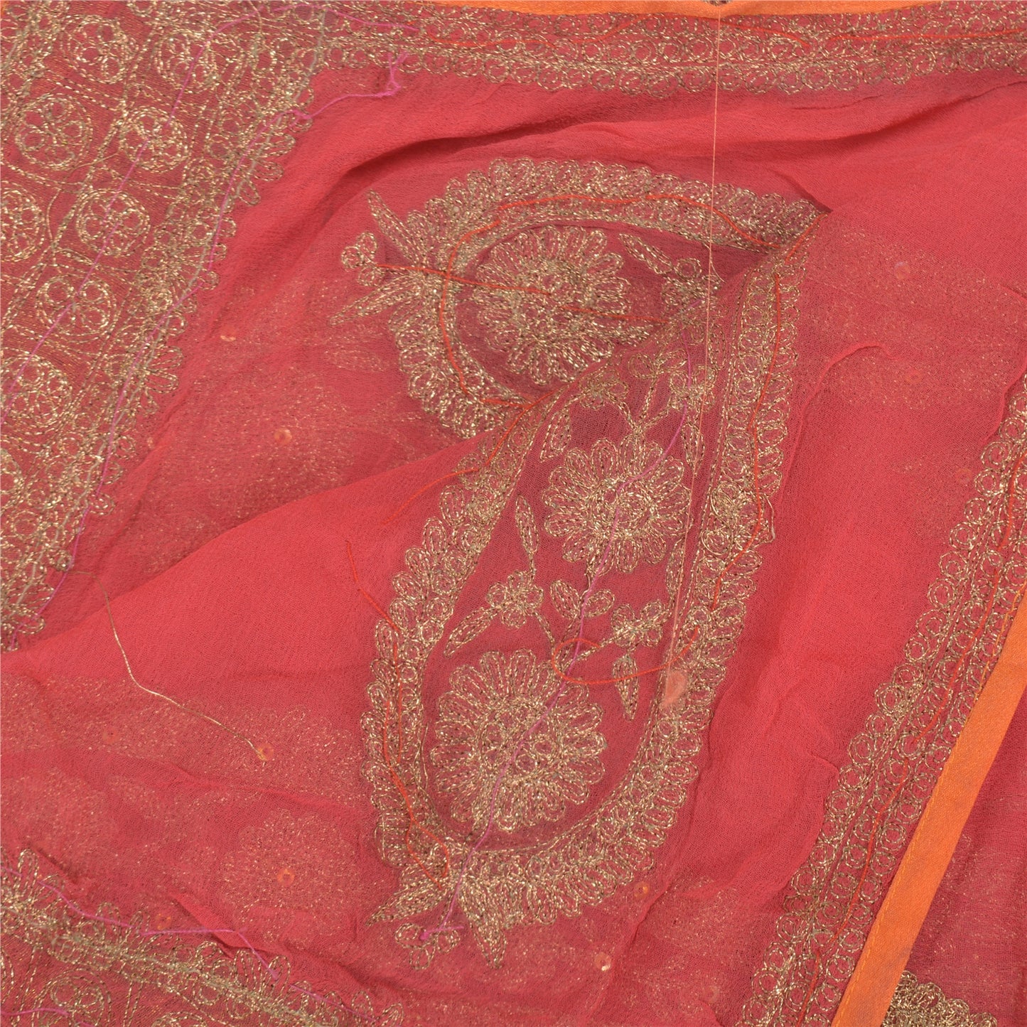 Sanskriti Vintage Dupatta Long Stole Georgette Red Hand Beaded Zari Veil