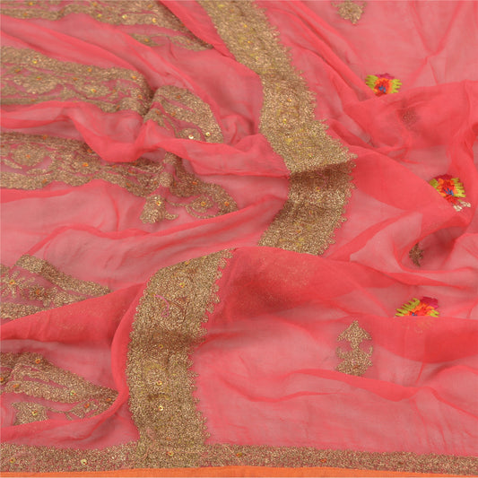 Sanskriti Vintage Dupatta Long Stole Georgette Red Hand Beaded Zari Veil