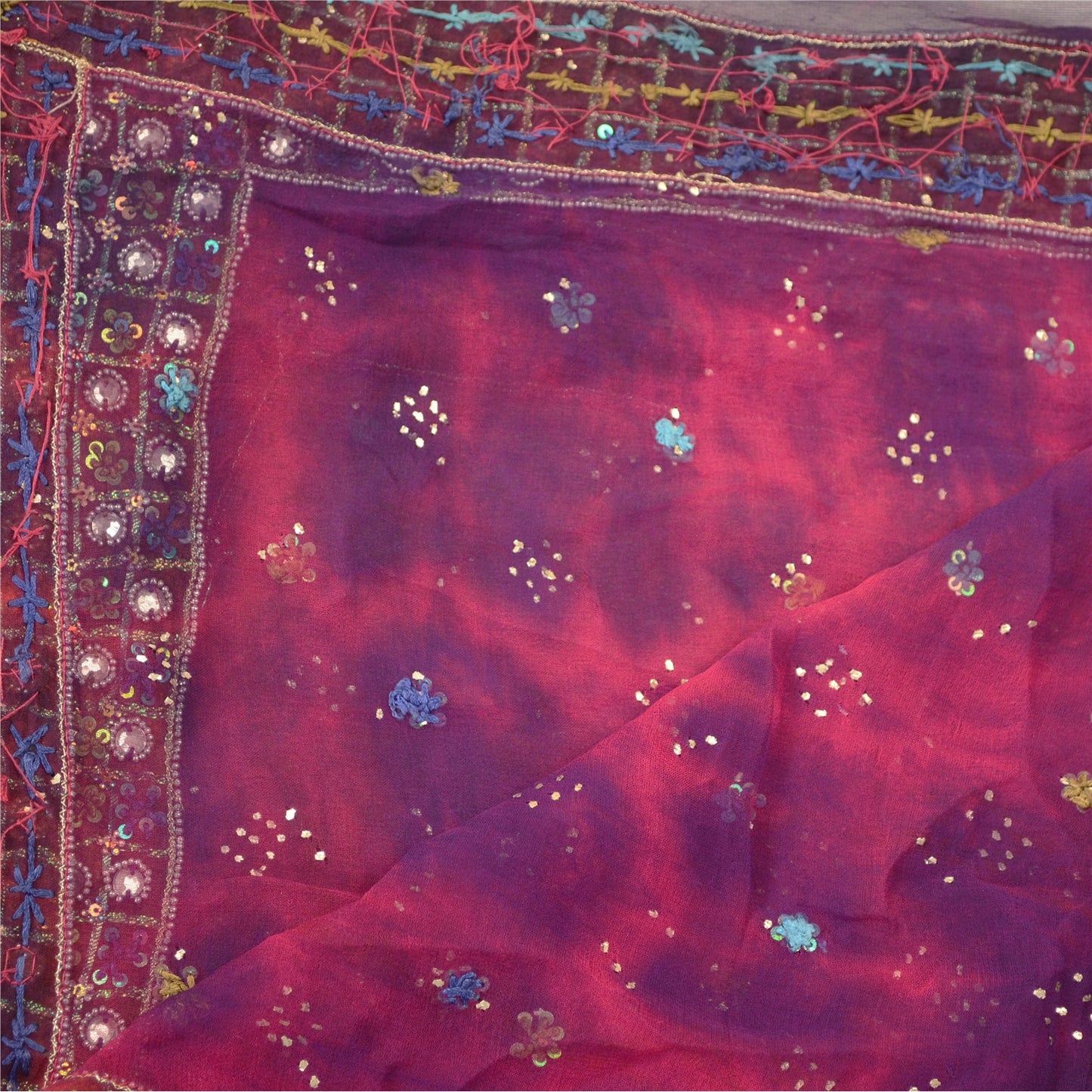 Sanskriti Vintage Dupatta Long Stole Purple Pure Chiffon Silk Veil Hand Beaded Tie-Dye Veil Crafting, Upcycling, Recycling, Dress Making