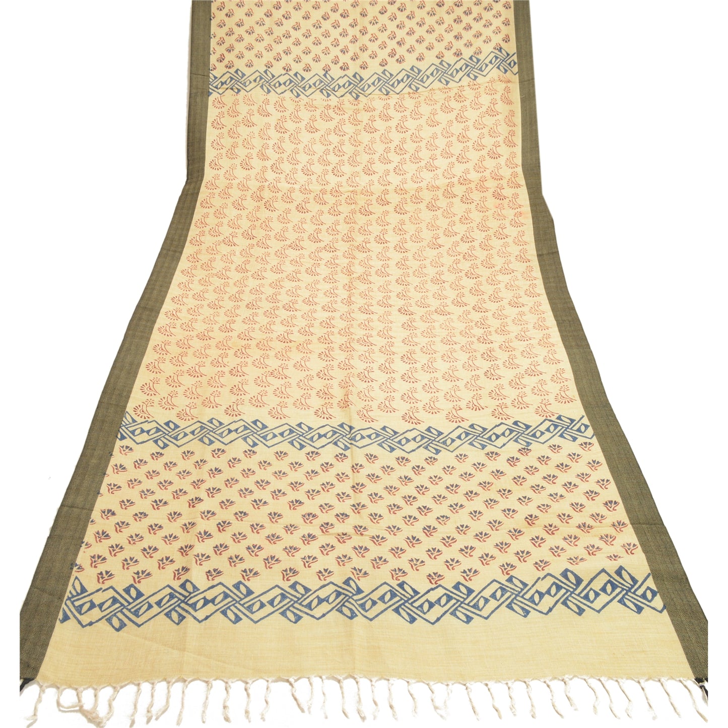 Sanskriti Vintage Dupatta Long Stole Cotton Ivory Block Printed Floral Scarves