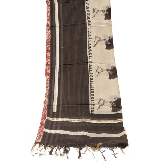 Sanskriti Vintage Dupatta Long Stole Cotton Dark Brown Printed Wrap Scarves