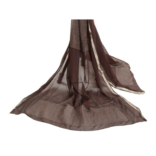 Sanskriti Vintage Dupatta Long Stole Georgette Brown Veil Woven Zari Scarves