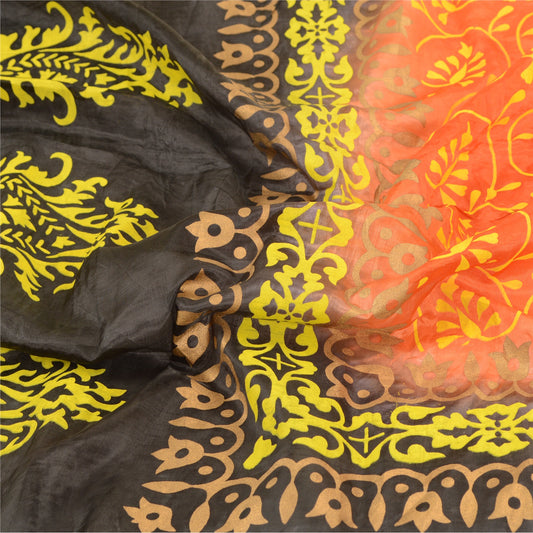 Sanskriti Vintage Dupatta Long Stole Art Silk Orange Hand-Painted Wrap Hijab