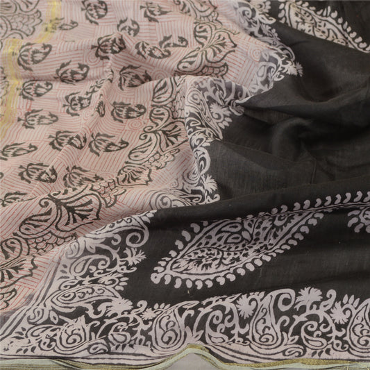 Sanskriti Vintage Dupatta Long Stole Chanderi Black Scarves Block Printed Hijab