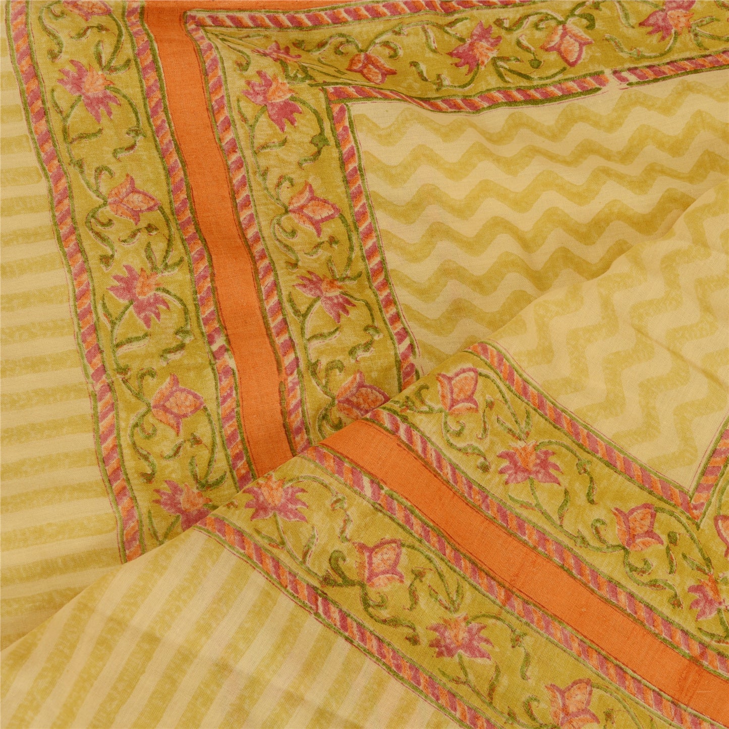 Sanskriti Vintage Dupatta Long Stole Pure Cotton Green Block Printed Soft Shawl