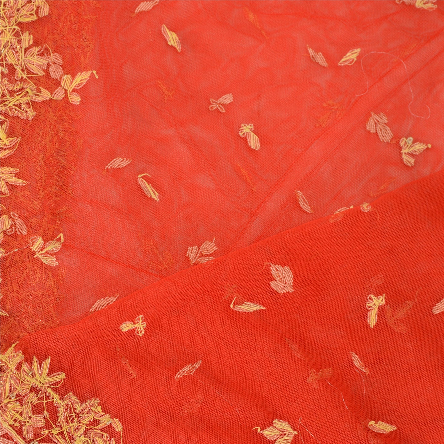 Sanskriti Vintage Dupatta Long Stole Net Mesh Scarlet Hand Embroidered Zardozi