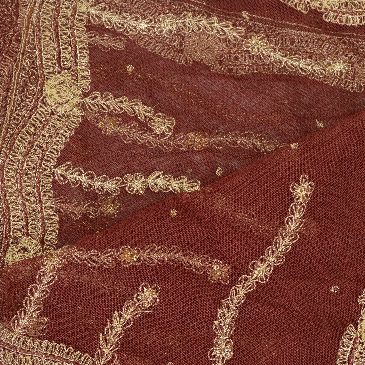 Sanskriti Vintage Dupatta Long Stole Net Mesh Dark Red Hand Beaded Wrap Veil