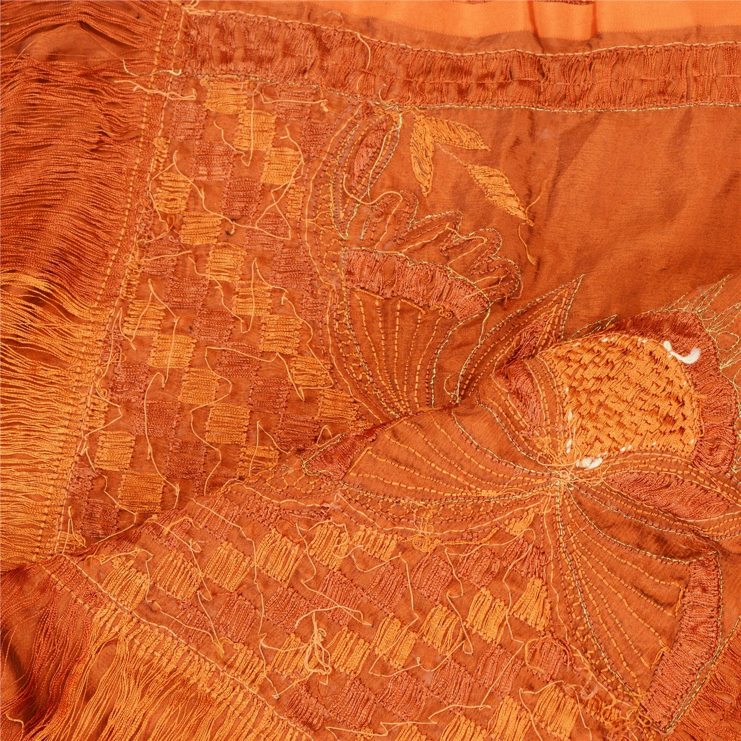 Sanskriti Vintage Dupatta Long Stole Satin Silk Orange Hand Beaded Wrap Hijab