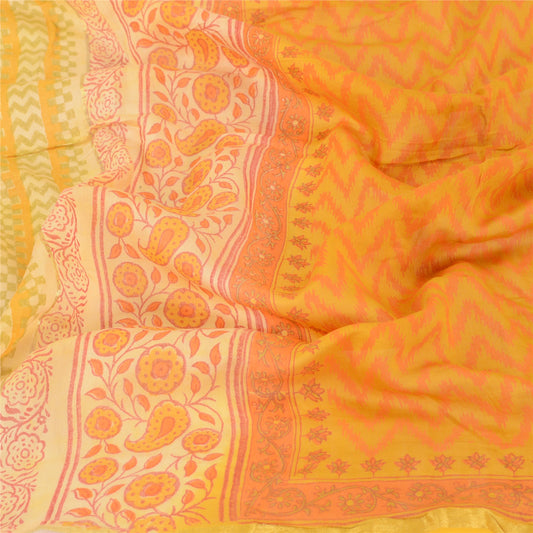 Sanskriti Vintage Dupatta Long Stole Pure Silk Saffron Block Printed Wrap Hijab