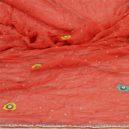 Sanskriti Vintage Dupatta Long Stole Georgette Coral Hand Beaded Wrap Scarves