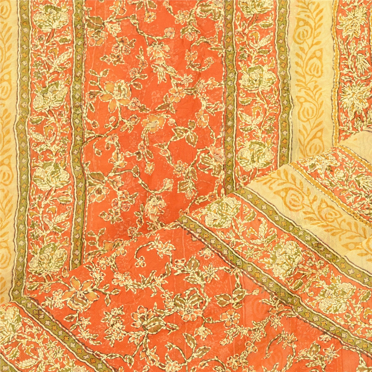 Sanskriti Vintage Dupatta Long Stole Chiffon Silk Orange Handmade Kantha Veil