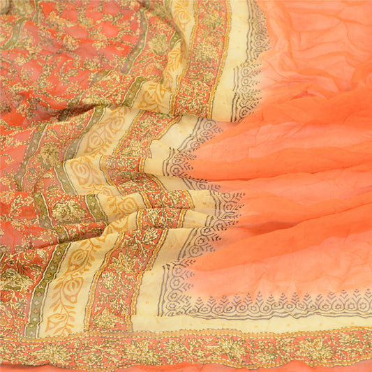 Sanskriti Vintage Dupatta Long Stole Chiffon Silk Orange Handmade Kantha Veil