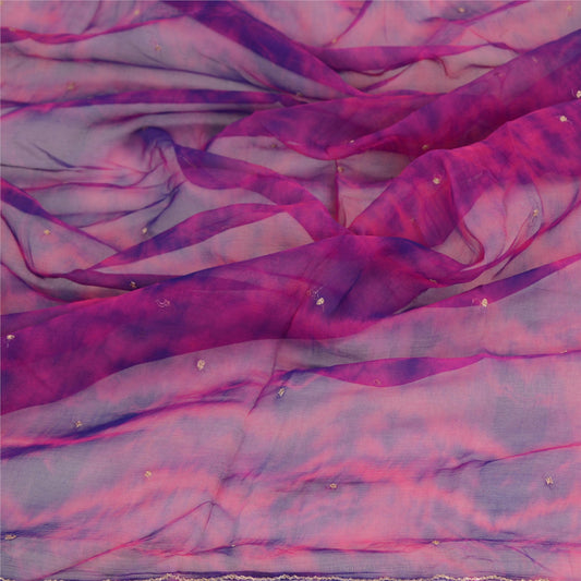 Sanskriti Vintage Dupatta Long Stole Pure Chiffon Silk Pink Hand Beaded Tie-Dye