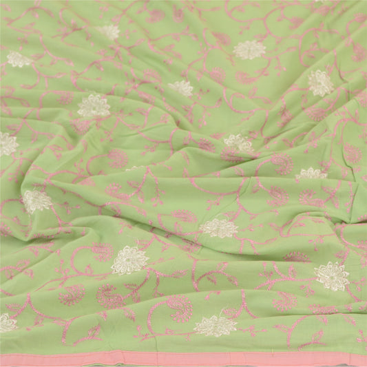 Sanskriti Vintage Dupatta Long Stole Pure Cotton Green Embroidered Scarves