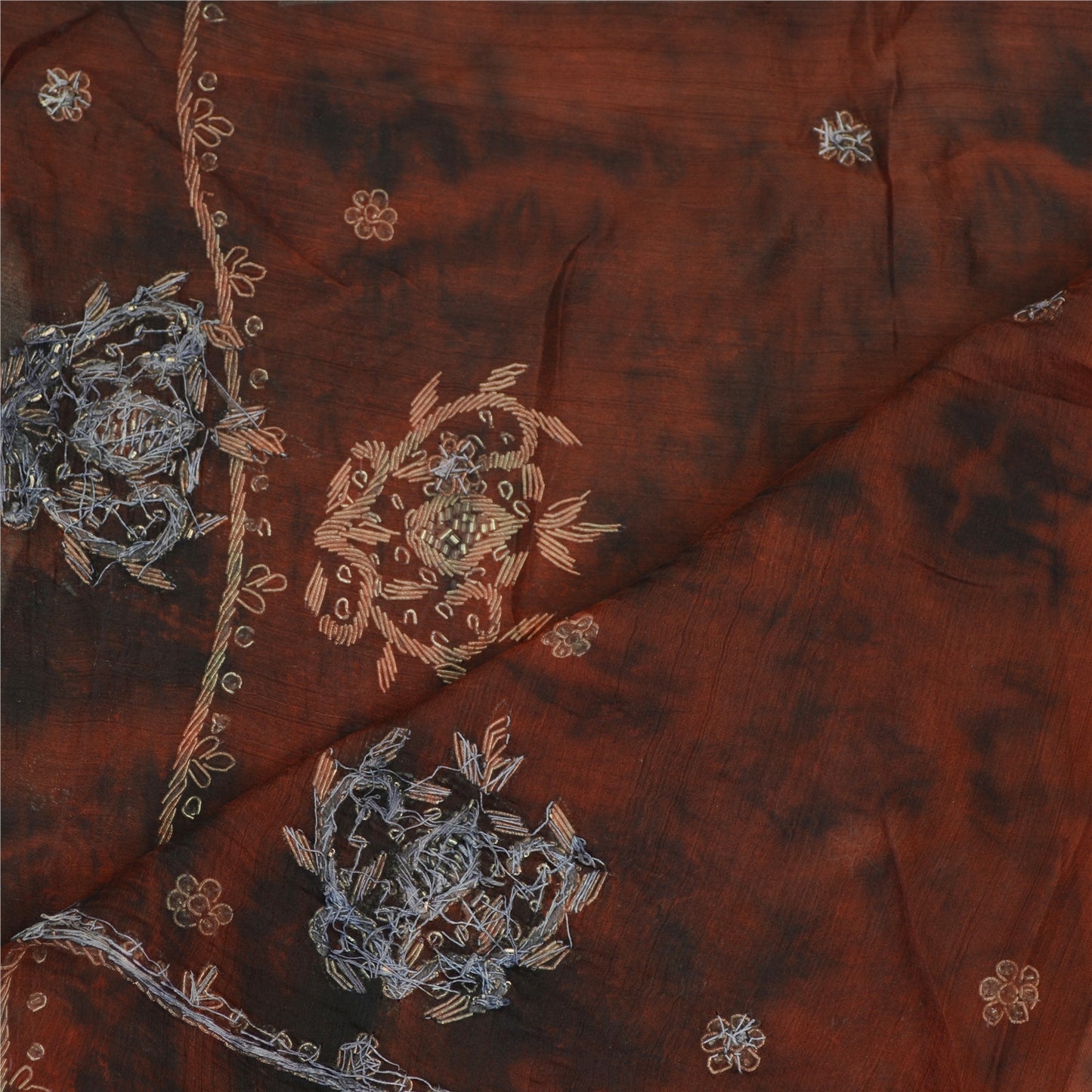 Sanskriti Vintage Dupatta Long Stole Chiffon Dark Red Hand Beaded Tie-Dye Veil