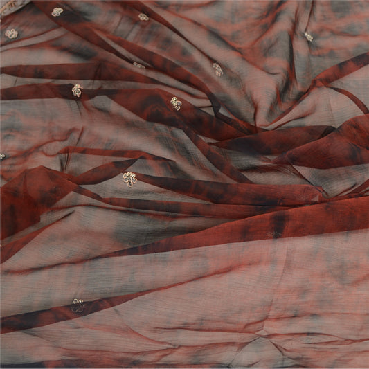 Sanskriti Vintage Dupatta Long Stole Chiffon Dark Red Hand Beaded Tie-Dye Veil