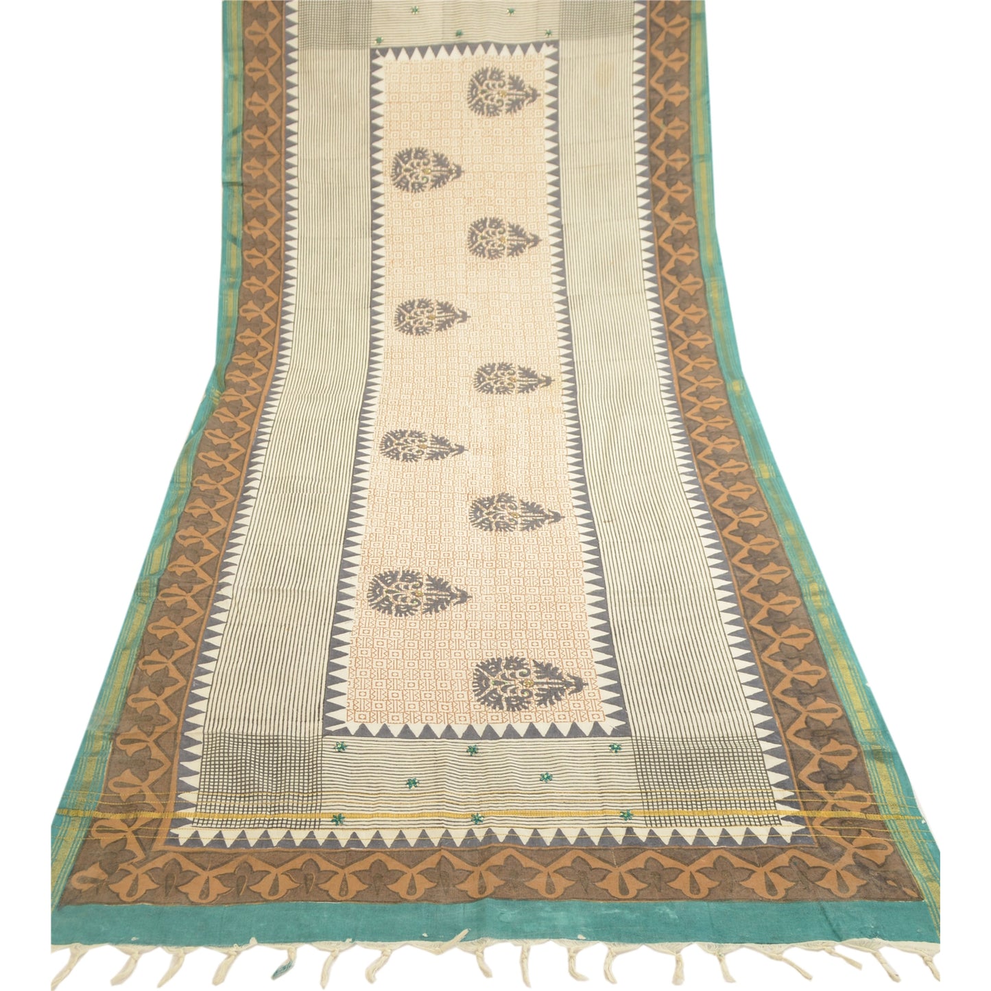 Sanskriti Vintage Dupatta Cream Long Stole Cotton Geometric Printed Scarves Veil