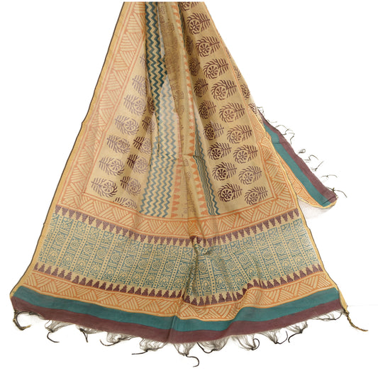 Sanskriti Vintage Dupatta Long Stole Cotton Ivory Block Printed Wrap Scarves