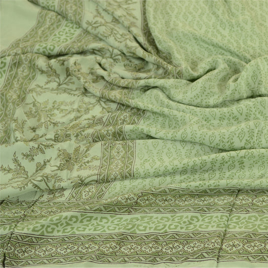 Sanskriti Vintage Dupatta Long Stole Pure Crepe Silk Green Hijab Printed Scarves