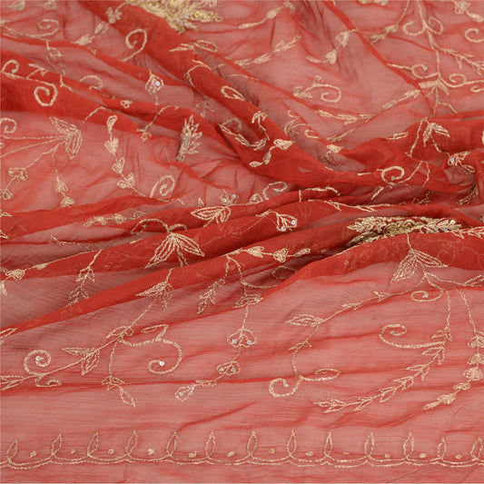 Sanskriti Vintage Dupatta Long Stole Chiffon Red Veil Hand Beaded Scarves