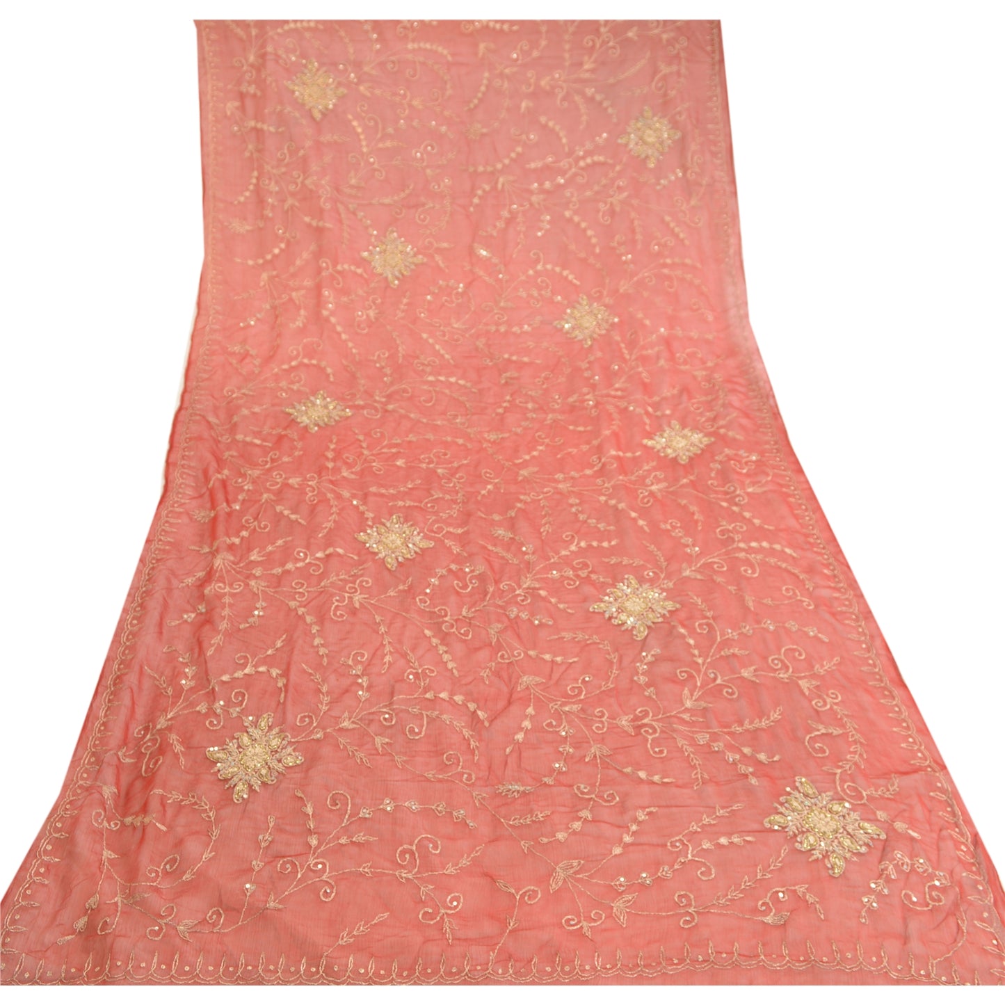 Sanskriti Vintage Dupatta Long Stole Chiffon Red Veil Hand Beaded Scarves