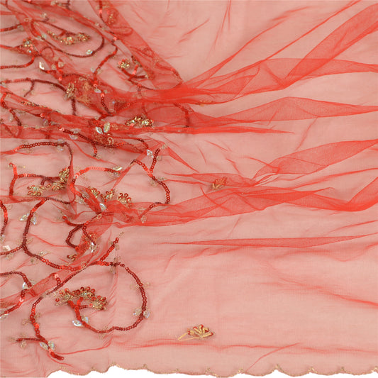 Sanskriti Vintage Dupatta Long Stole Net Mesh Red Veil Hand Beaded Wrap Scarves