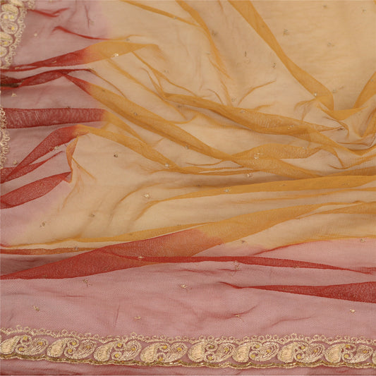 Sanskriti Vintage Dupatta Long Stole Net Mesh Dark Red Veil Hand Beaded Scarves