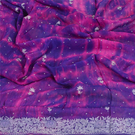 Sanskriti Vintage Dupatta Long Stole Pure Silk Pink Hand Embroidered Tie-Dye