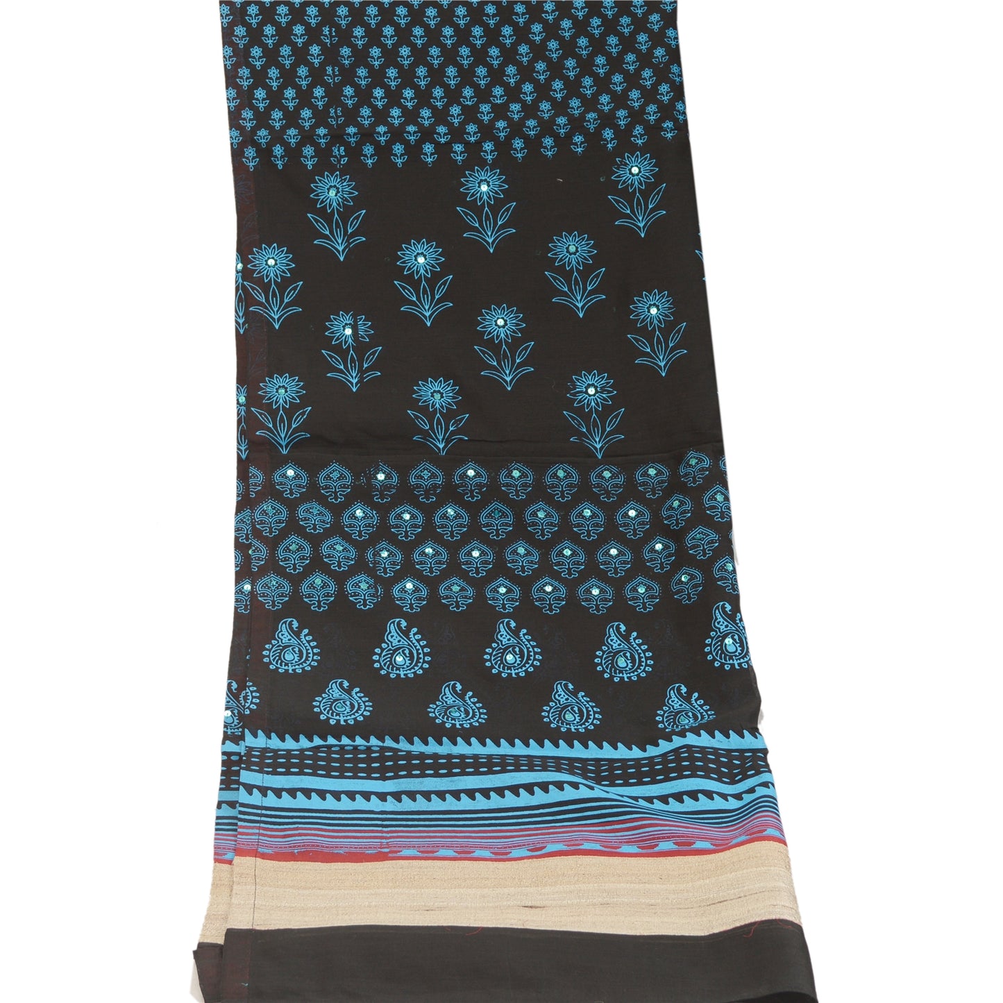 Sanskriti Vintage Dupatta Long Black Blue Pure Cotton Hand Beaded & Block Printed Floral Women Veil Indian Heritage Textile