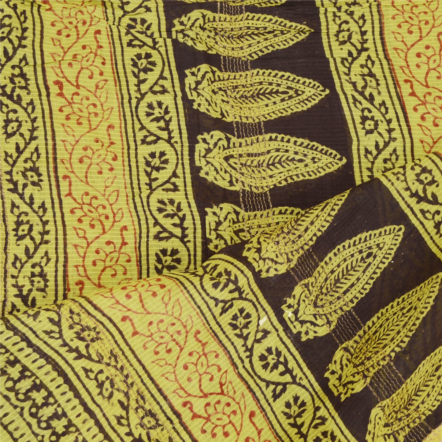 Sanskriti Vintage Dupatta Long Stole Chanderi Silk Green Block Printed Woven