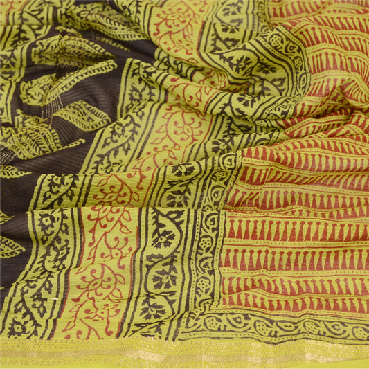 Sanskriti Vintage Dupatta Long Stole Chanderi Silk Green Block Printed Woven